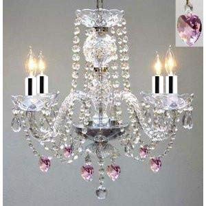 Swarovski Crystal Trimmed Chandelier! Chandelier Lighting W/Crystal Pink Hearts! H 17" W17" Swag Plug in-Chandelier W/ 14' Feet of Hanging Chain and Wire w/Chrome Sleeves! - Perfect for Kid's and Gir - J10-B43/B15/B21/26098/4 SW