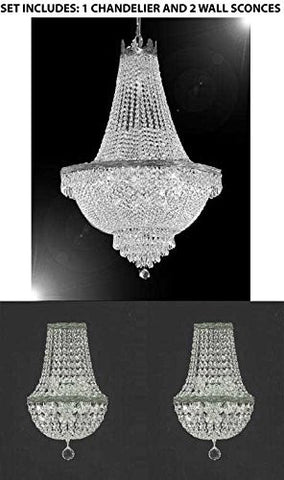 Set Of 3 - 1 French Empire Crystal Chandelier Lighting H30" X W24" And 2 Empire Crystal Wall Sconce Crystal Lighting W 9.5" H 18" D 5" - 1Ea-Silver/870/9 + 2Ea-Cs/4/5/Wallsconce A500-