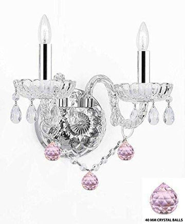 Swarovski Crystal Trimmed Wall Sconce! Wall Sconce Lighting with Crystal Pink Balls w/Chrome Sleeves! - Perfect for Kids and Girls Bedrooms! - G46-B43/B76/2/386SW