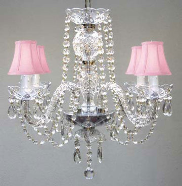 Swarovski Crystal Trimmed Chandelier All Crystal Chandelier And Pink Shades H17" W17" - J10-Pinkshades/26098/4Sw