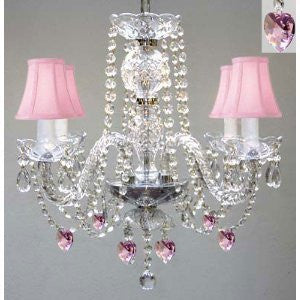 Chandelier Lighting W/ Crystal Pink Shades & Hearts H 17" - Perfect For Kid'S And Girls Bedroom W 17" - J10-B21/Pinkshades/26098/4