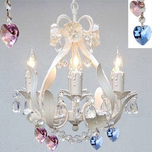 White Iron Crystal Flower Chandelier Lighting W/ Blue And Pink Crystal Hearts - Perfect For Boys And Girls Bedroom - J10-B85/B21/White/26027/4