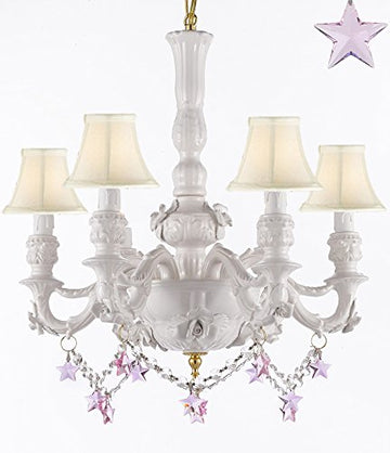 Authentic Capodimonte White Porcelain Chandelier Lighting Chandeliers Made in Italy, Good for Dining Room, Kids & Girls Bedrooms w/ Roses & Flowers Speciality item, W/ Pink Stars Crystals and White Shades - GB102-SC/WHITESHADE/B52/B38/WHITE/435/6