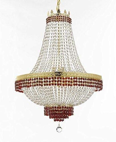 Set of 2-1 Moroccan Style French Empire Crystal Chandelier Lighting Trimmed w/Ruby Red Crystal! H30" X W24" & 1 Flush French Empire Crystal Chandelier Lighting Trimmed w/Ruby Red Crystal! H18" X W24 - B74/CG/870/9 + B74/CG/FLUSH/870/9 A500-
