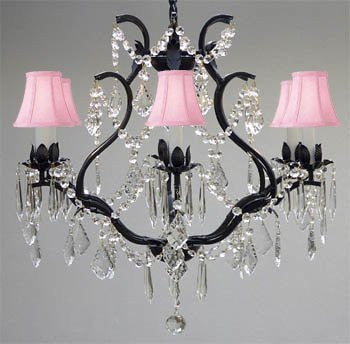 Wrought Iron Crystal Chandelier Lighting H 19" W 20" - With Pink Shades - A83-Pinkshades/3530/6