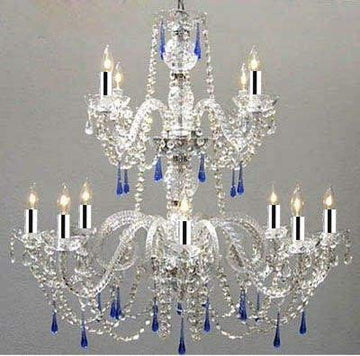 Swarovski Crystal Trimmed Chandelier! Authentic All Crystal Chandelier Chandeliers With Blue Crystals w/Chrome Sleeves! - J10-B43/26048/8+4/BLUE SW