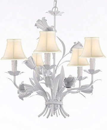 White Wrought Iron Floral Chandelier Crystal Flower Chandeliers Lighting H19" X W23" With White Shades - J10-Sc/Whiteshade/White/325/5