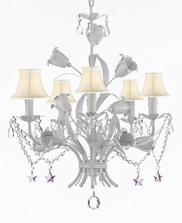 White Wrought Iron Floral Chandelier Empress Crystal (Tm) Flower Chandeliers Lighting H23" X W19" With Shades - J10-Sc/Whiteshade/B51/B52/White/325/5
