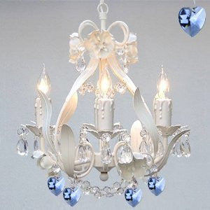 White Iron Crystal Flower Chandelier Lighting W/ Blue Crystal HeartsSwag Plug In-Chandelier W/ 14' Feet Of Hanging Chain And Wire - Perfect For Boys And Girls Bedroom - J10-B17/B85/White/26027/4