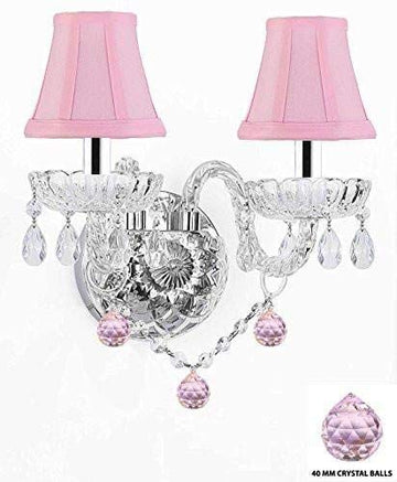 Swarovski Crystal Trimmed Wall Sconce! Wall Sconce Lighting with Crystal Pink Balls - Perfect for Kids and Girls Bedrooms with Shades w/Chrome Sleeves! - G46-B43/PINKSHADES/B76/2/386SW