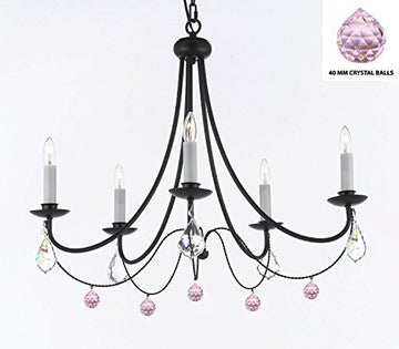 Empress Crystal (Tm) Wrought Iron Chandelier Lighting H.22.5" X W.26" With Pink Balls Crystals - J10-B76/B7/26031/5