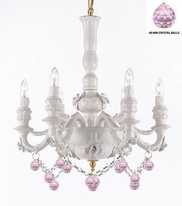 Authentic Capodimonte White Porcelain Chandelier Lighting Chandeliers Made in Italy, w/ Roses & Flowers Speciality item, Limited Stock Available W/ Pink Balls Crystals - GB102-B52/B76/WHITE/435/6