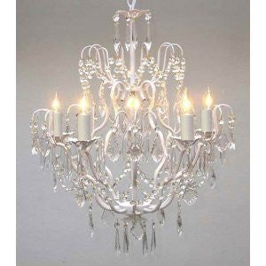 Wrought Iron Crystal Chandelier Lighting H27" X W21" Swag Plug In-Chandelier W/ 14' Feet Of Hanging Chain And Wire - J10-B17/White/C/26025/5