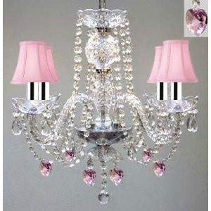 Chandelier Lighting W/Crystal Pink Shades & Hearts W/Chrome Sleeves! H 17" - Perfect for Kid's and Girls Bedroom! W 17" - J10-B43/B21/PINKSHADES/26098/4