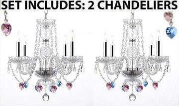 Set of 2 - Chandeliers Lighting with Sapphire Blue & Pink Crystal Hearts! Perfect for Living Room, Dining Room, Kitchen, Kid's Bedroom w/Chrome Sleeves! H 17 - 2EA J10-B43/B85/B21/26098/4
