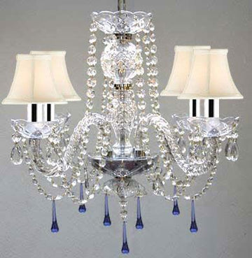 Murano Venetian Style All Crystal Chandelier Lighting W/Blue Crystals w/Chrome Sleeves H17" x W17" With White Shade - J10-B43/SC/WHITESHADE/B33/26098/4