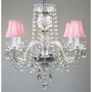 Swarovski Crystal Trimmed Chandelier All Crystal Chandelier With Pink Shades H17" X W17" Swag Plug In-Chandelier W/ 14' Feet Of Hanging Chain And Wire - J10-B15/Pinkshades/26098/4 Sw