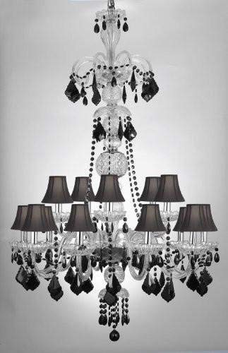 Murano Venetian Style All-Crystal Chandelier with Black Crystal & Shades W/Chrome Sleeves! W 32" H 48" - F46-B43/SC/CLEAR/590/15/COLOR