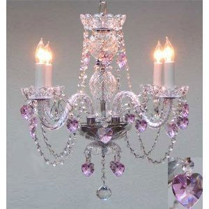 Swarovski Crystal Trimmed Chandelier Crystal Chandelier Lighting With Pink Crystal Hearts H17" X W17" Swag Plug In-Chandelier W/ 14' Feet Of Hanging Chain And Wire - Perfect For Kid'S And Girls Bedroom - J10-B15/B23/26098/4 Sw