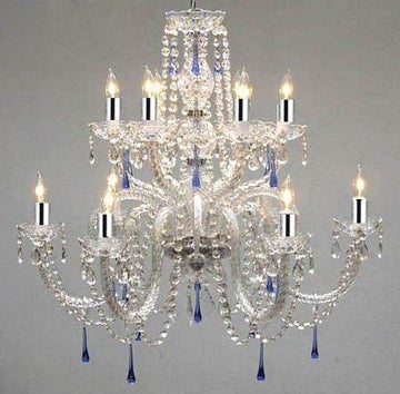 AUTHENTIC ALL CRYSTAL CHANDELIER CHANDELIERS WITH BLUE CRYSTALS W/CHROME SLEEVES! - A46-B43/387/6+6/BLUE