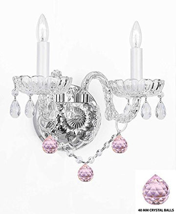 Swarovski Crystal Trimmed Chandelier Wall Sconce Lighting With Crystal Pink Balls - Perfect For Kids And Girls Bedrooms - G46-B76/2/386Sw