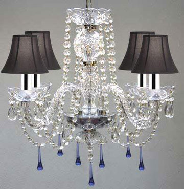 Murano Venetian Style All Crystal Chandelier Lighting W/Blue Crystals w/Chrome Sleeves! H17" x W17" With Black Shade - J10-B43/SC/BLACKSHADE/B33/26098/4