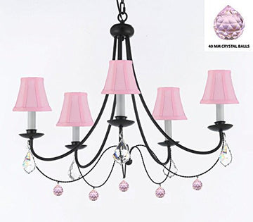 Empress Crystal (Tm) Wrought Iron Chandelier Lighting H.22.5" X W.26" With Balls Crystals And Pink Shades - J10-Sc/Pinkshades/B76/B7/26031/5