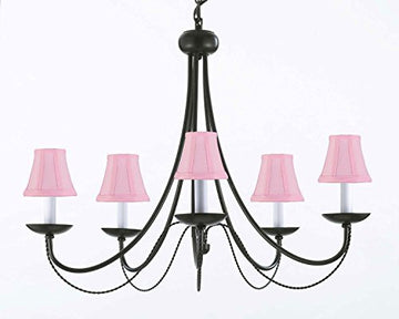 Wrought Iron Chandelier Lighting With Pink Shades H22" X W26" Swag Plug In-Chandelier W/ 14' Feet Of Hanging Chain And Wire - J10-Pinkshades/B16/26031/5