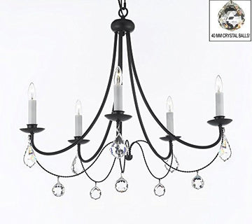 Empress Crystal (Tm) Wrought Iron Chandelier Lighting H.22.5" X W.26" With Crystal Balls Swag Plug In-Chandelier W/ 14' Feet Of Hanging Chain And Wire - J10-B16/B7/B6/26031/5