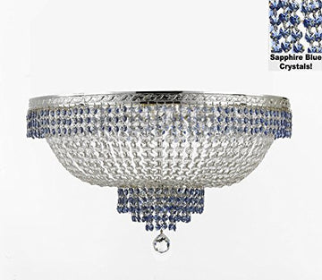 Flush French Empire Crystal Chandelier Lighting Trimmed With Sapphire Blue Crystal Good For Dining Room Foyer Entryway Family Room And More H21" W30" - A500-B83/Cs/Flush/870/14