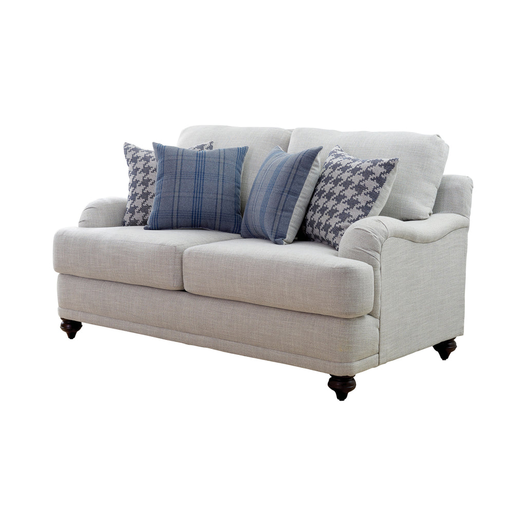 Set of 3  - Gwen Recessed Arms Sofa + Loveseat Light Grey + Accent Chair Blue - D300-10096