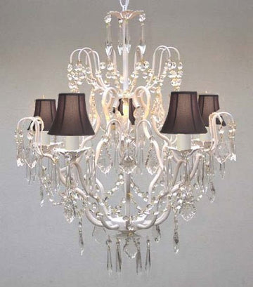 New Wrought Iron & Crystal Chandelier With Black Shades H27" X W21" - J10-Blackshades/White/26025/5