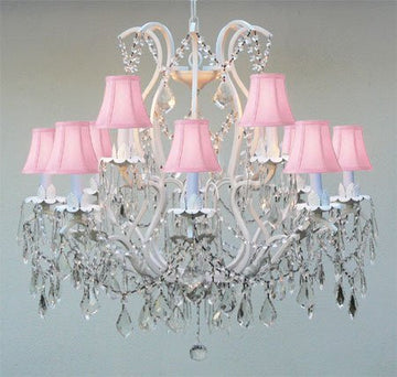 White Wrought Iron Crystal Chandelier Lighting With Pink Shades ... - J10-PINKSHADES/WHITE/26014/12