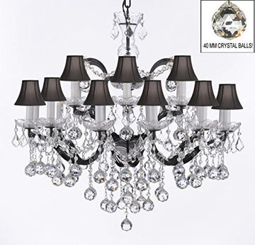 Nineteenth C. Baroque Iron & Empress Crystal(Tm) Chandelier Lighting With Black Shades H 28" X W 30" - G83-Blackshades/B6/995/18