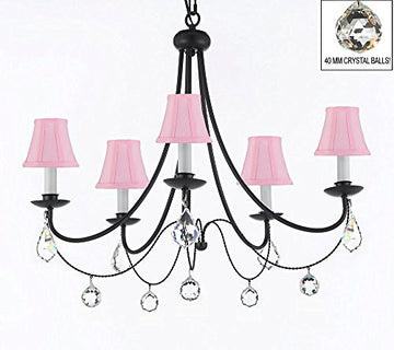 Empress Crystal (Tm) Wrought Iron Chandelier Lighting H.22.5" X W.26" With Pink Shades And Crystal Balls - J10-Sc/Pinkshades/B7/B6/26031/5