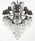 A500-Sc/B12/3034/8+4Sw Wrought Iron Crystal Chandelier Lighting H40" X W28" With Shades Trimmed With Spectra (Tm) Crystal - Reliable Crystal Quality By Swarovski - A500-Sc/Blackshade/B12/3034/8+4Sw