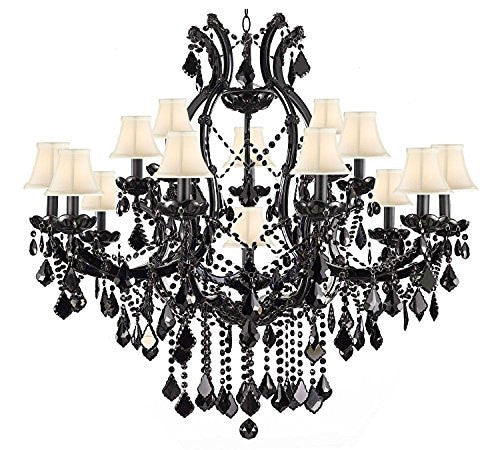 Jet Black Chandelier Crystal Lighting Empress Crystal (Tm) Chandeliers H38" X W37" With White Shades - A500-Whiteshades/BLACK/21510/15+1