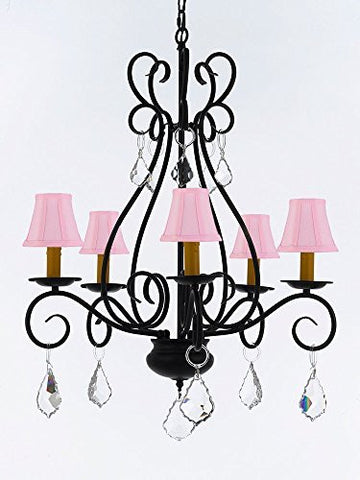 Wrought Iron Chandelier Crystal Lighting Empress Crystal (Tm) Chandeliers With Pink Shades H25.5" W25.5" - P7-B7/Sc/Pinkshades/441/5