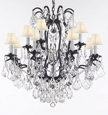 Wrought Iron Crystal Chandelier Lighting Dressed With Diamond Cut Crystal Good For Dining Room Foyer Entryway Family Room Bedroom Living Room And More H 30" W 28" 12 Lights - A500-B91/Whiteshades/3034/8+4Dc