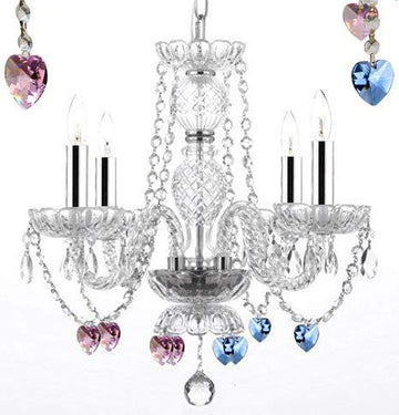 Chandelier Lighting W/Crystal Blue and Pink Hearts! H 17" W17" Swag Plug in-Chandelier W/ 14' Feet of Hanging Chain and Wire W/Chrome Sleeves! - Perfect for Kid's and Girls BEDROOMS! - J10-B43/B15/B85/B21/26098/4