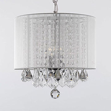 Crystal Chandelier With Large White Shade H15" X W15"Swag Plug In-Chandelier W/ 14' Feet Of Hanging Chain And Wire - A9-B15/White/26028/3 Gtc