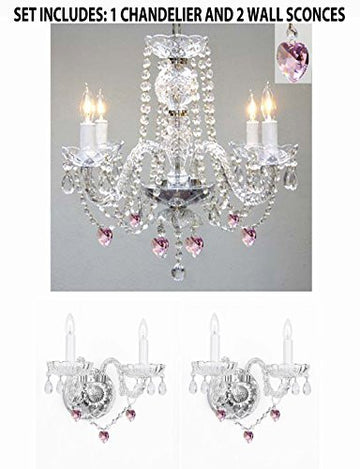 Three Piece Lighting Set - Crystal Chandelier And 2 Wall Sconces W/ Pink Crystal Hearts - 1Ea B21/26098/4+2Ea B21/2/386