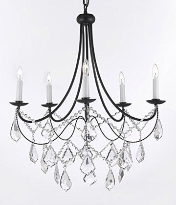 Empress Crystal (Tm) Wrought Iron Chandelier Lighting H.22.5" X W.26" Swag Plug In-Chandelier W/ 14' Feet Of Hanging Chain And Wire - J10-B16/B12/26031/5