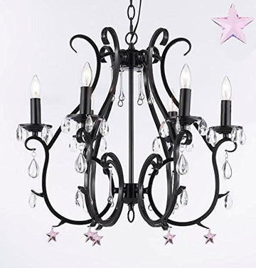 Wrought Iron Chandelier Chandeliers Lighting W/ Pink Empress Crystal(TM) Stars - For Nursery, Kids, Girls Bedrooms, Kitchen, Etc - A7-B38/406/6