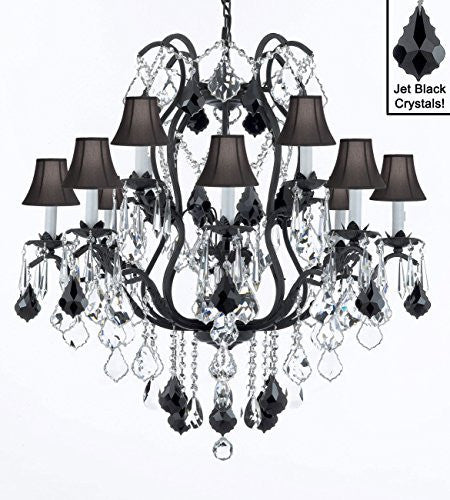 Wrought Iron Crystal Chandelier Lighting Chandeliers H30" X W28" With Black Shades - A500-Sc/Blackshade/B20/3034/8+4