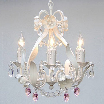 White Iron Crystal Flower Chandelier Lighting W/ Pink Crystal Hearts - Perfect For Kid'S And Girls Bedroom - J10-B21/White/26027/4