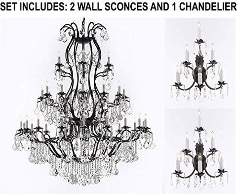 Set of 3-2 Wrought Iron Wall Sconce Crystal Lighting 3 Tier Wall Sconces W16 x H24 and 1 Large Foyer Iron Chandelier Chandeliers Lighting with Crystal! H60 x W52 - 2EA A500-6/3034 + 1EA A500-3031/36
