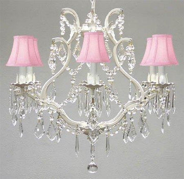 Swarovski Crystal Trimmed Chandelier Wrought Iron Crystal Chandelier Lighting H 19" W 20" - With Pink Shades - A83-Pinkshades/White/3530/6 Sw