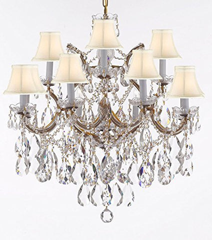 Maria Theresa Chandelier Lights Fixture Pendant Ceiling Lamp Dressed With Large Luxe Diamond Cut Crystals H30" X W28" - Good For Dining Room Foyer Entryway Living Room And More W/White Shades - A500-B90/Whiteshades/Cg/21532/12+1Dc