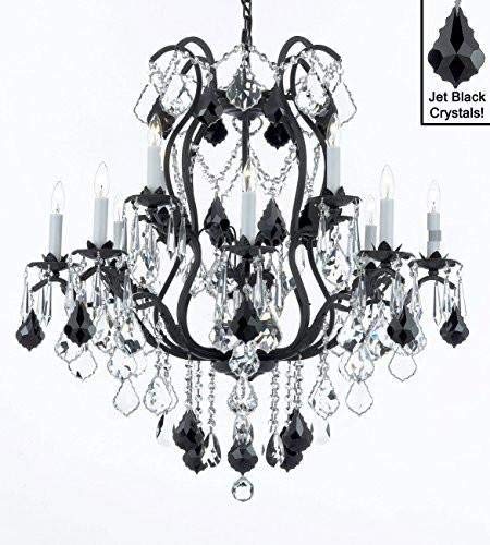 Wrought Iron Crystal Chandelier Lighting Chandeliers H36" x W36" Dressed with Jet Black Crystals! - A500-B20/3034/10+5